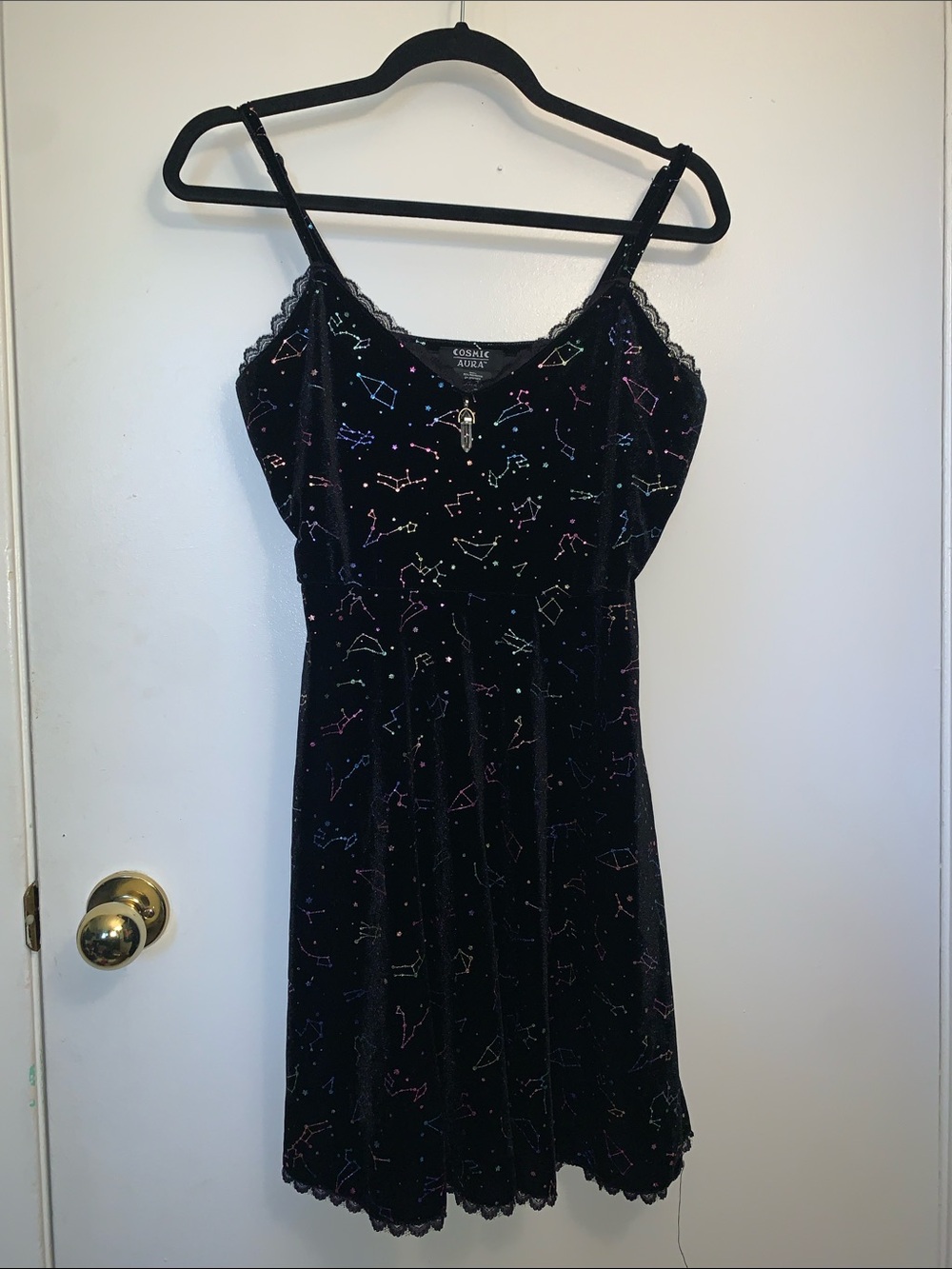 Cosmic Aura🌙🧙♀️🔮♊️ Black Velvet Slip Dress with Multicolor Constellation Print